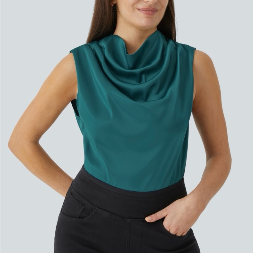 HALARA Draped Cowl Neck Sleeveless Keyhole Back
Curved Hem Satin Work Blouse